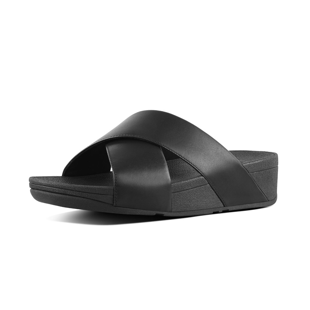 Fitflop Womens Slides - Lulu Leather Cross - Black - 835-YLQOKJ